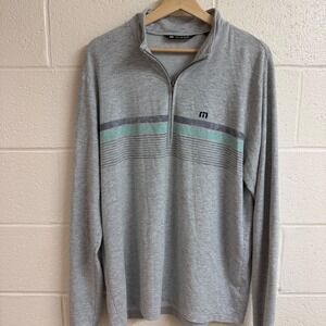 TravisMathew Mens Striped 1/4 Zip Pullover L Grey Preppy Golfcore Sporty Stretch